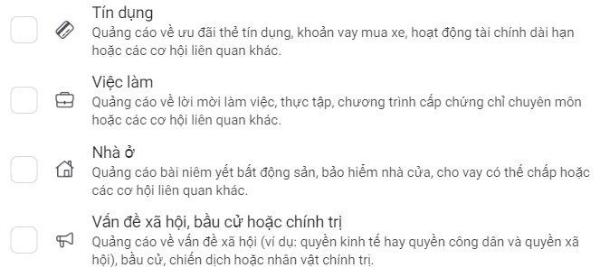 Hạng mục quảng cáo đặc biệt Facebook