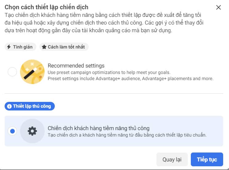 Chọn cách thiết lập chiến dịch facebook lead ads