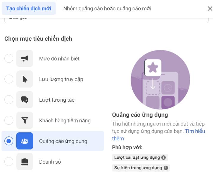 Mục tiêu quảng cáo ứng dụng Facebook