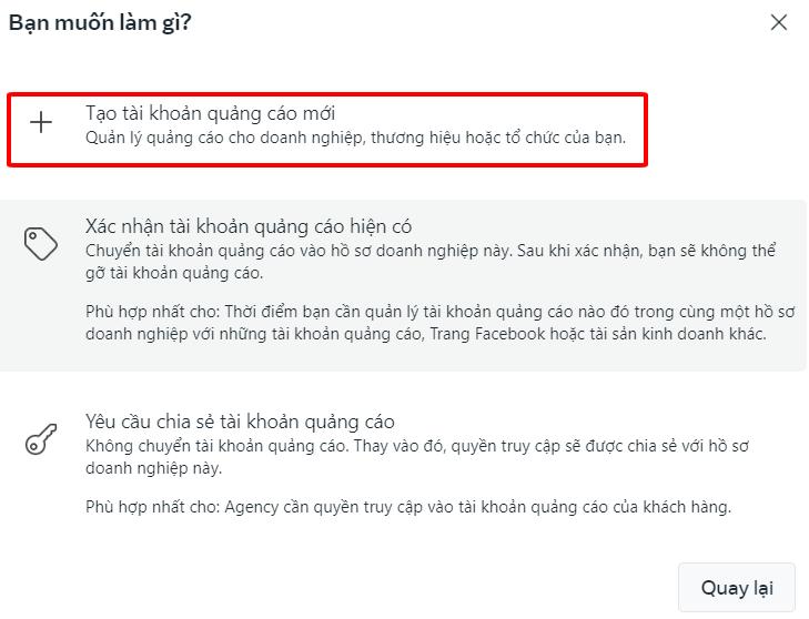 Tạo tài khoản quảng cáo mới bằng Facebook Meta Business Suite