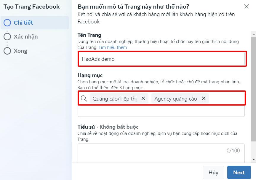Tạo page mới bằng Facebook Business Suite