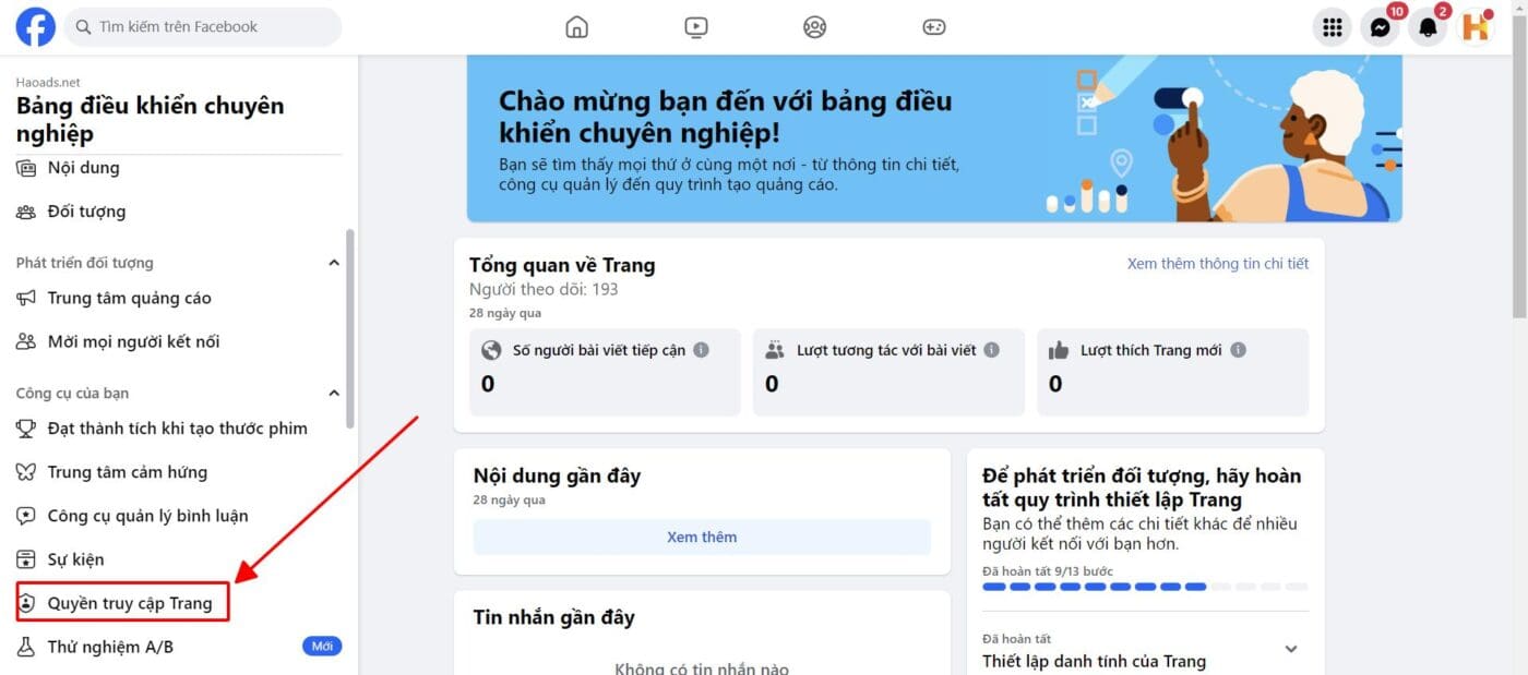 thêm quyền quản trị trên trang facebook mới