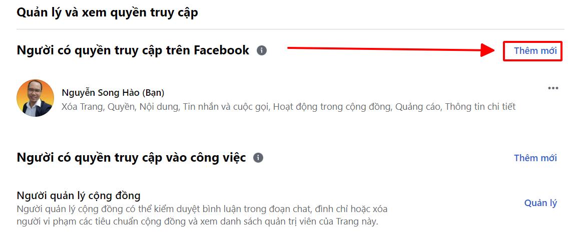 thêm quyền quản trị trên trang facebook mới