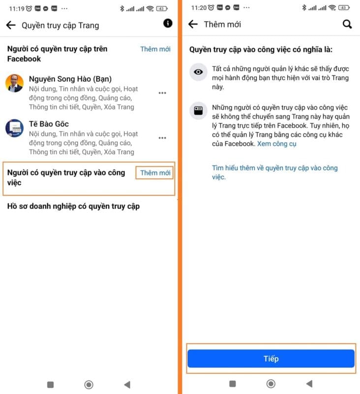 phân quyền truy cập vào công việc trên trang facebook mới trên điện thoại