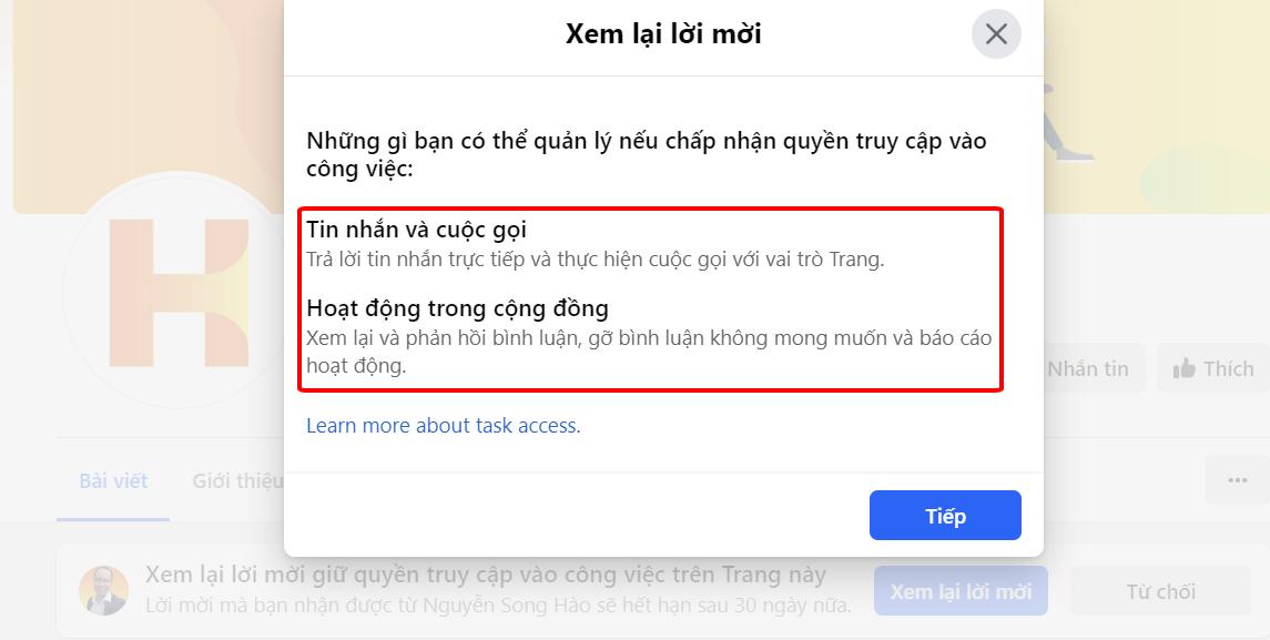 phân quyền truy cập vào công việc trên trang facebook mới trên điện thoại