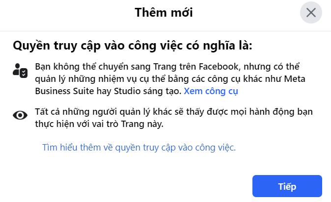 phân quyền truy cập vào công việc trên trang facebook mới trên máy tính