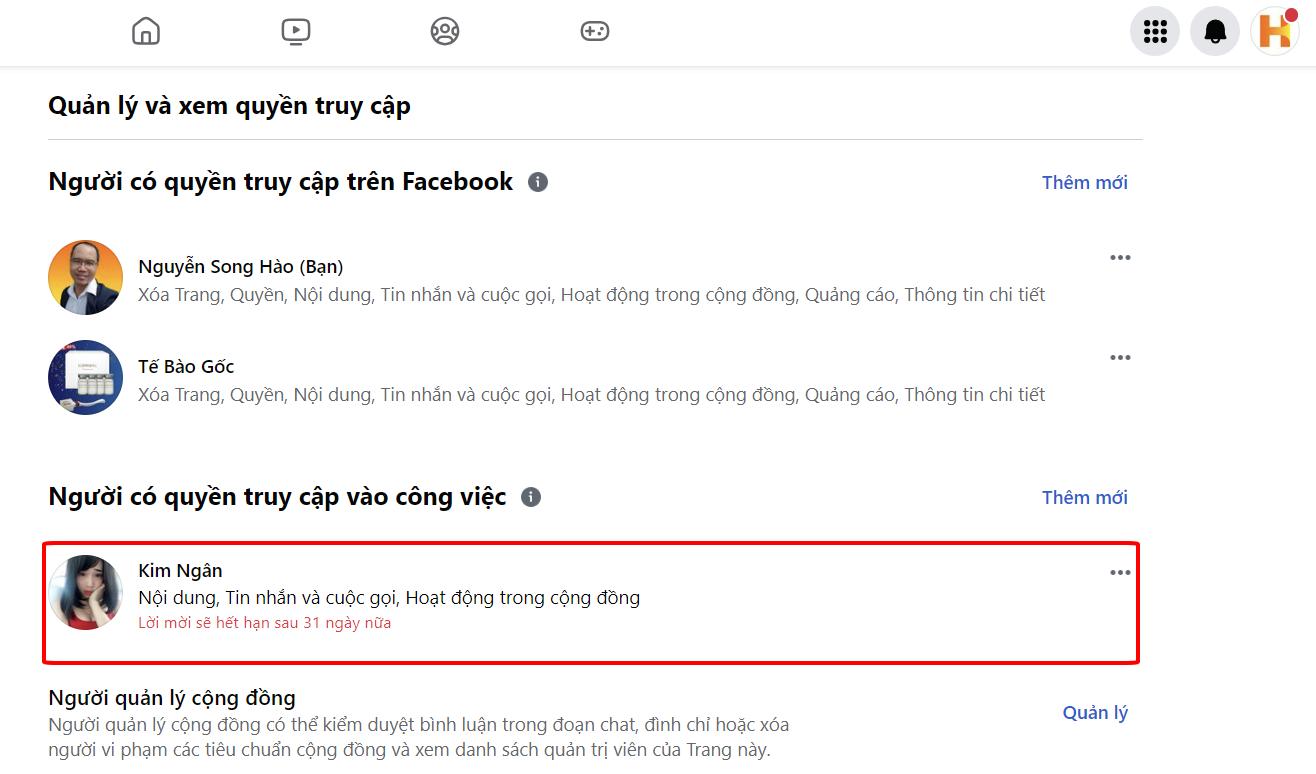 phân quyền truy cập vào công việc trên trang facebook mới trên máy tính