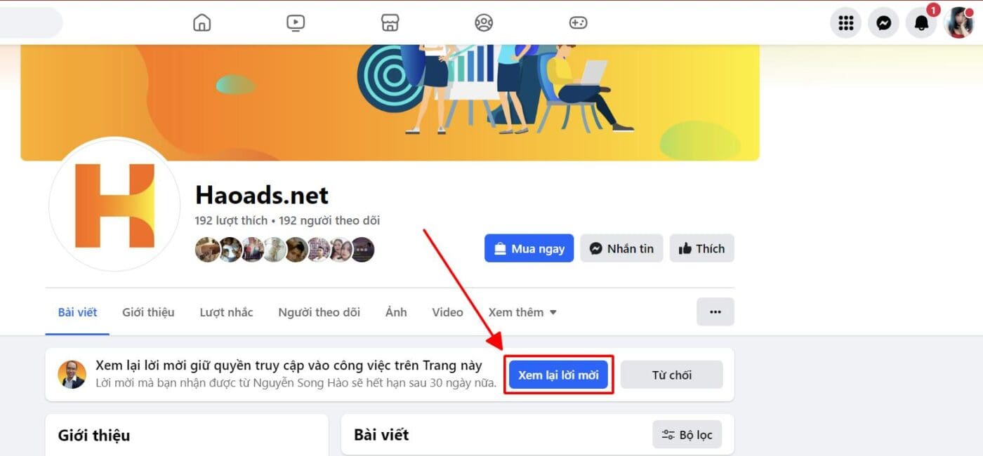phân quyền truy cập vào công việc trên trang facebook mới trên máy tính