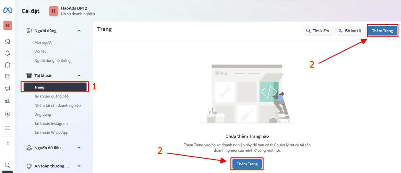 Tạo page mới bằng Facebook BM