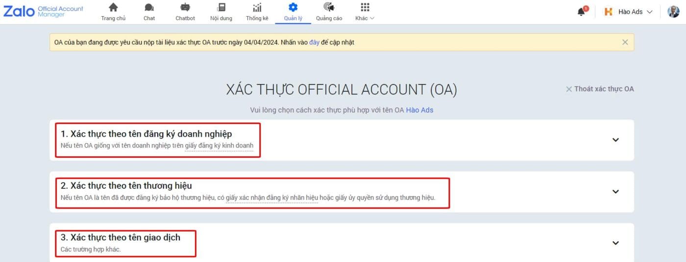 Hướng dẫn xác thực tài khoản Zalo Official Account (Zalo OA)