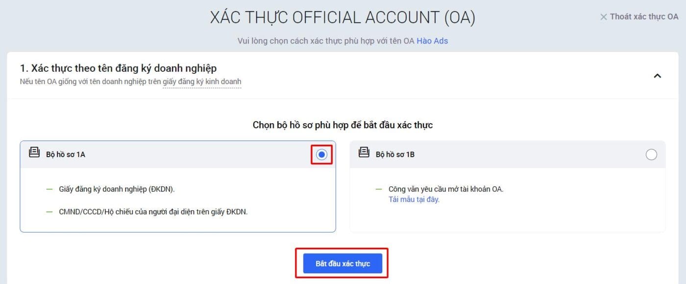 Hướng dẫn xác thực tài khoản Zalo OA theo tên doanh nghiệp