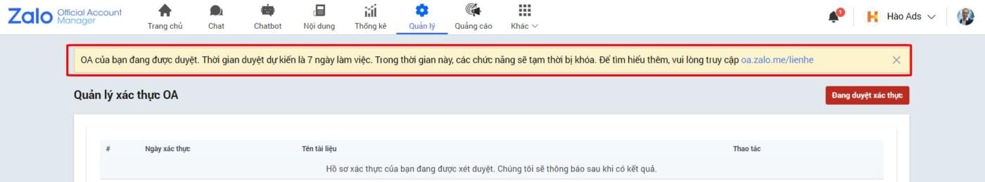 Hướng dẫn xác thực tài khoản Zalo Official Account theo tên doanh nghiệp