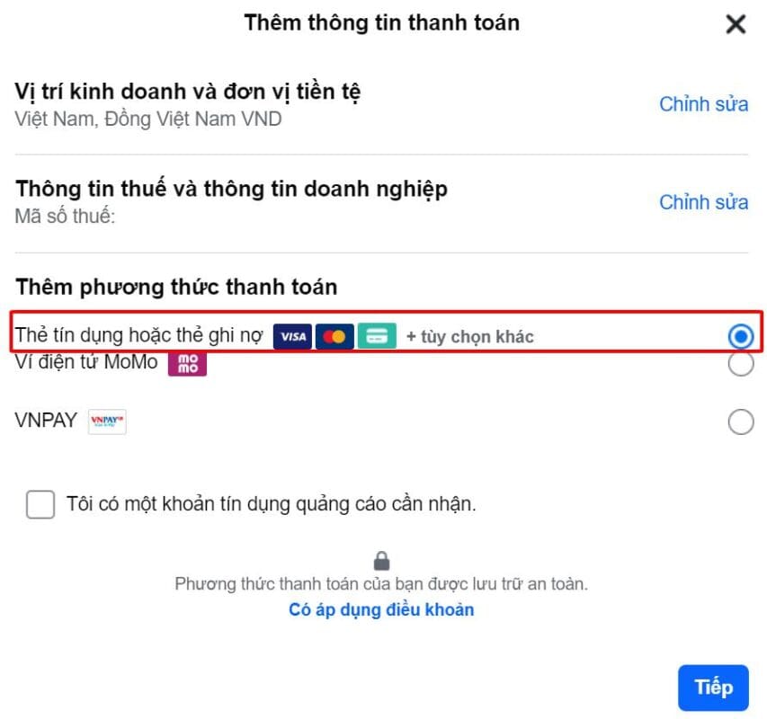 Thêm thông tin thanh toán cho tài khoản quảng cáo Facebook
