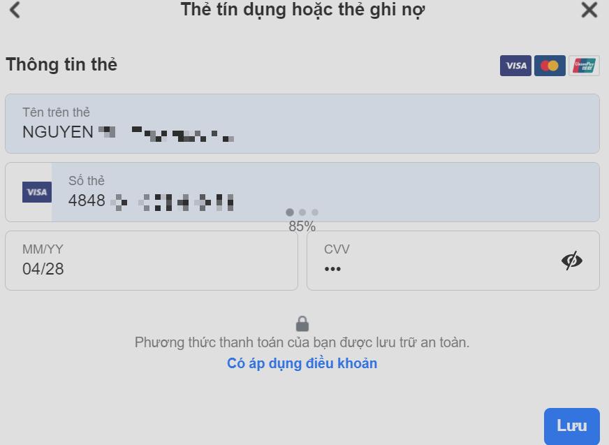 Thêm thông tin thanh toán thẻ visa cho tài khoản quảng cáo Facebook