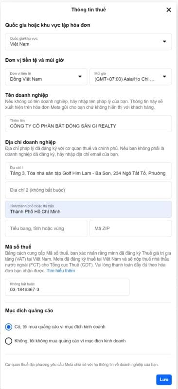 Thêm thông tin thuế cho tài khoản quảng cáo Facebook