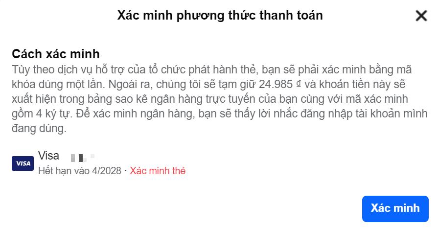 Xác minh thẻ Visa cho tài khoản quảng cáo Facebook