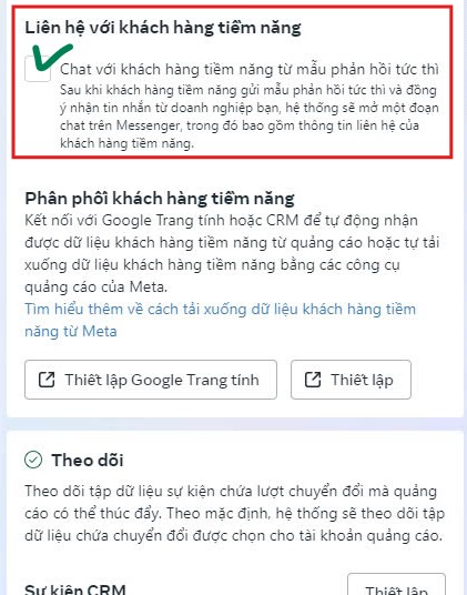 cách cài đặt của tính nằng Chat với khách hàng điền form Facebook Lead Ads