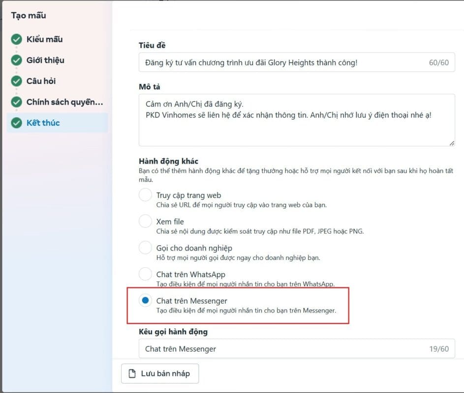cách cài đặt của tính nằng Chat với khách hàng điền form Facebook Lead Ads