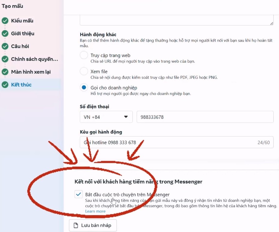 cách cài đặt của tính nằng Chat với khách hàng điền form Facebook Lead Ads