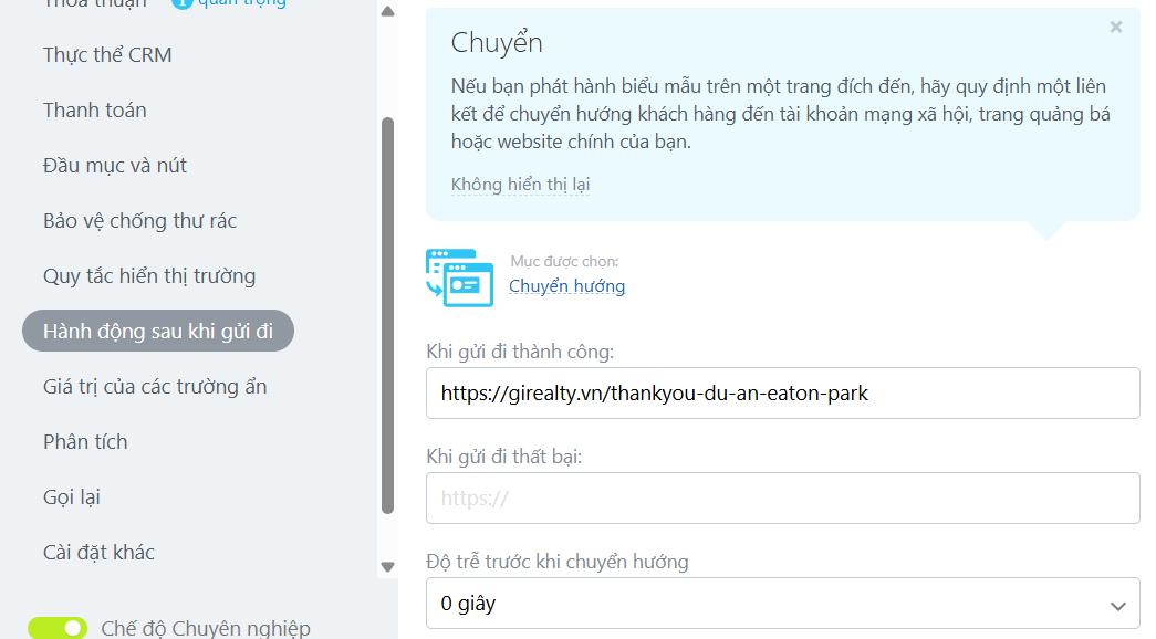 cài đặt hành động sau khi gửi đi biểu mẫu bitrix24