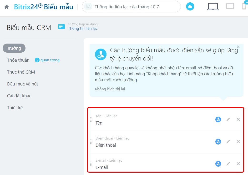 Thêm các trường thông tin cần thiết vào biểu mẫu Bitrix24