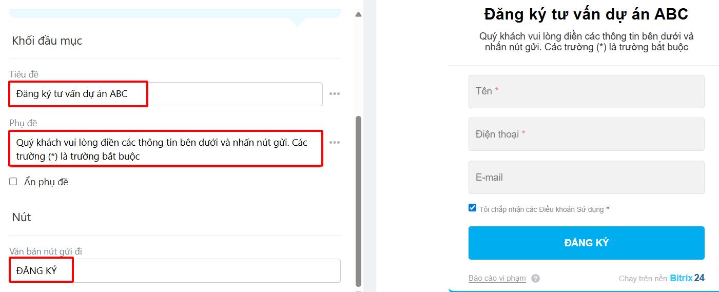cài đặt đầu mục và nút biểu mẫu bitrix24